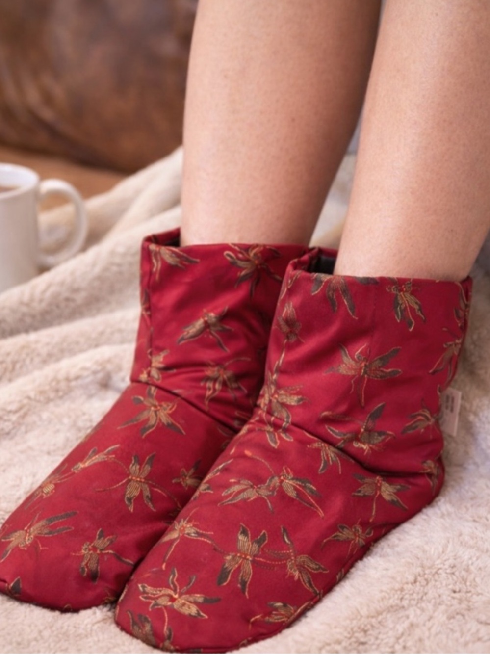 Herbal Concepts Heat Cold Booties Red Satin Dragonfly Microwave Slippers OS